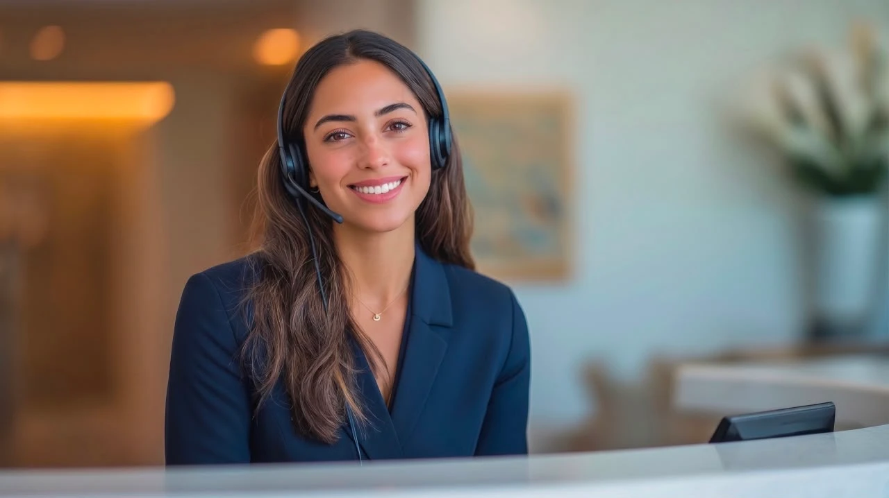 Recepcionista de clínica sorrindo enquanto atende uma ligação